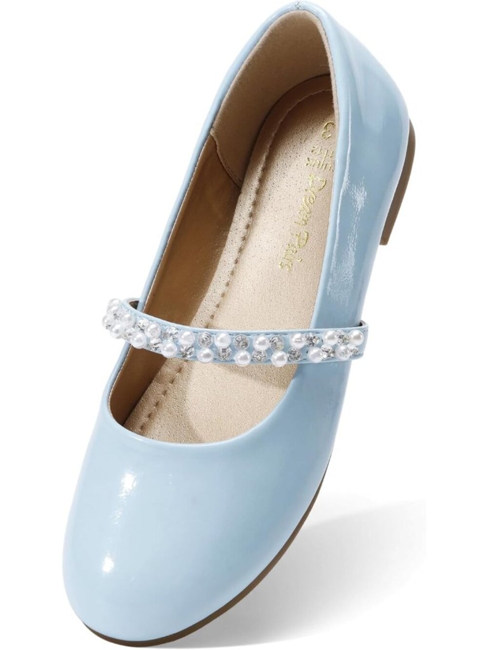 Dream Pairs Women's Light Blue Round Toe Pearl Straps Mary Jane Ballet Flats